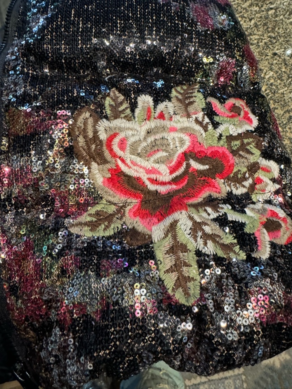 MISS SIXTY down / embroidered and black sequin floral puffer vest with hood - Picture 6 of 8